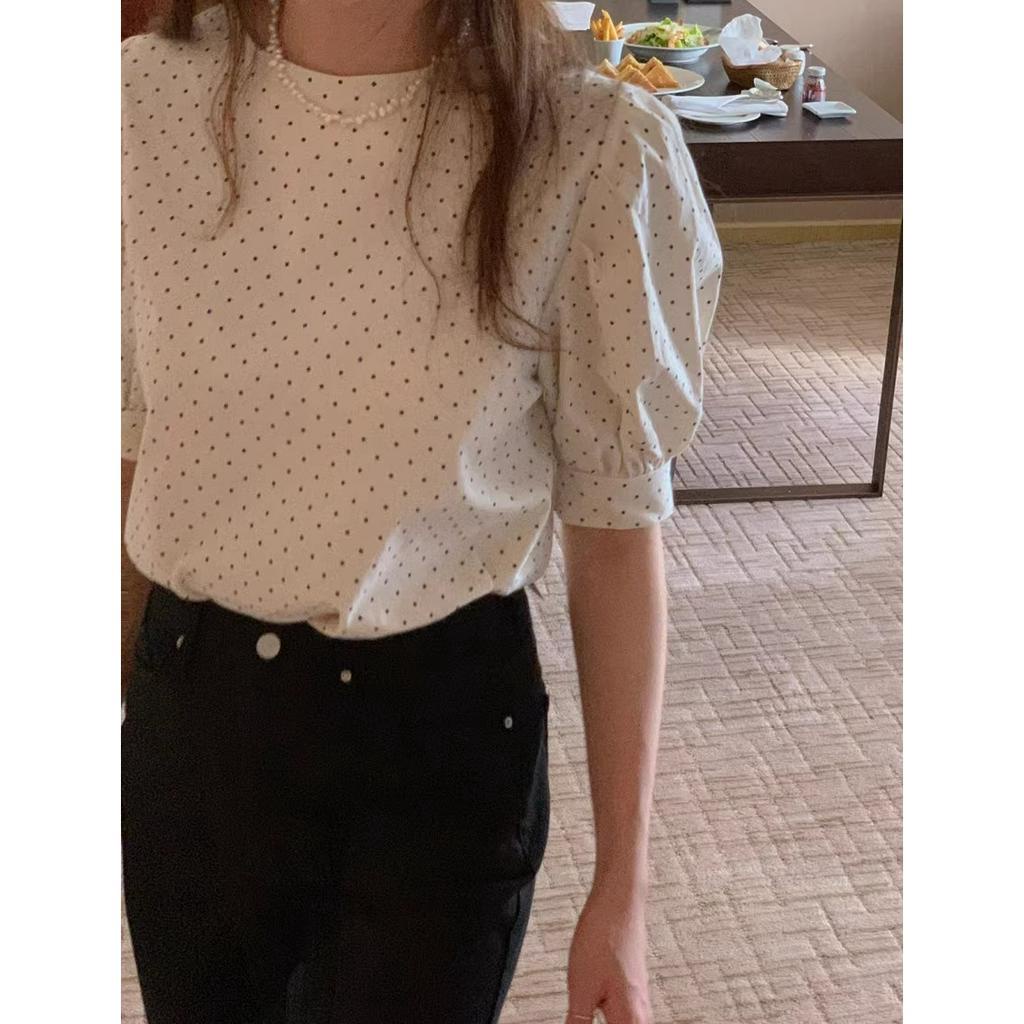 Xiaozhainv Áo Sơ Mi Tay Ngắn Cổ Tròn Họa Tiết Chấm Bi Phong Cách Hàn Quốc Ngọt Ngào Thời Trang Mùa Hè Cho Nữ