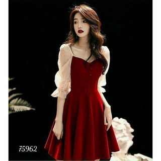 Đầm xòe nữ dự tiệc màu đỏ tay phối lưới đính sao hot