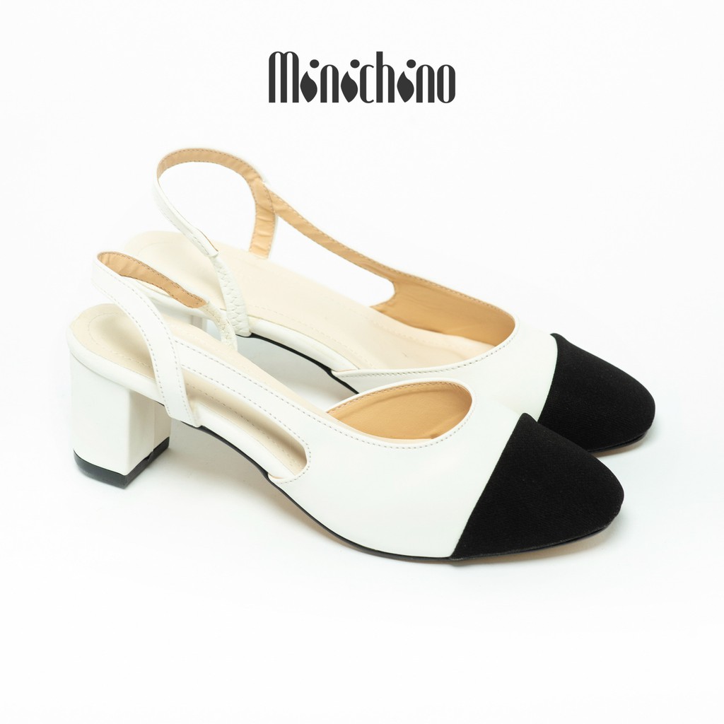 Giày sandal nữ gót cao 5cm MINICHINO mũi tròn đế vuông, phối dây thời trang màu đen TC040