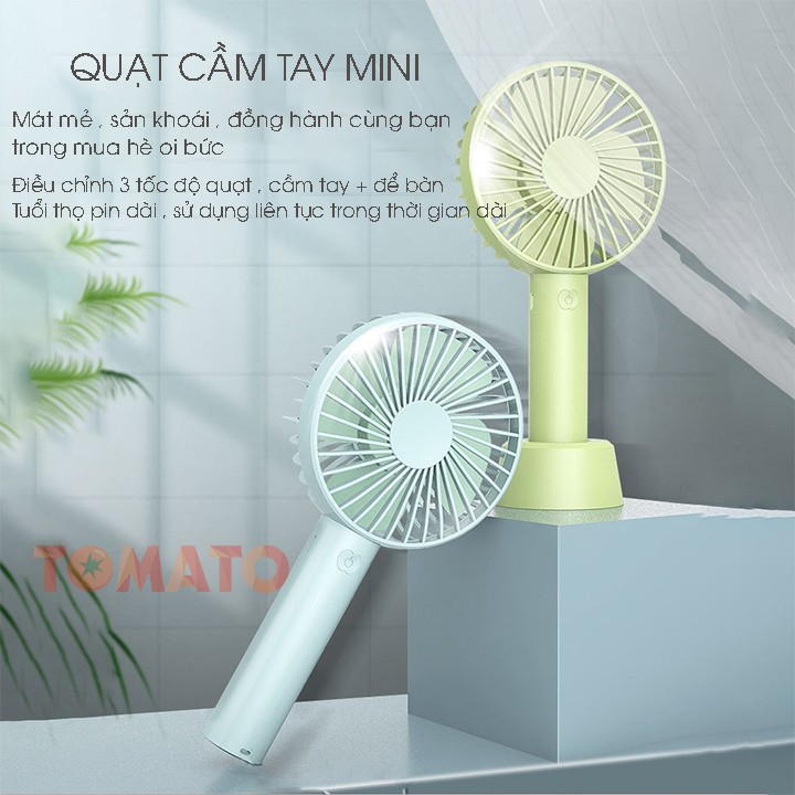 Quạt Mini Cầm Tay Tích Điện 3 Tốc Độ Quạt Siêu Mát Có Đế Để Bàn , Tặng Pin và Cáp Sạc  - Phụ Kiện Tomato