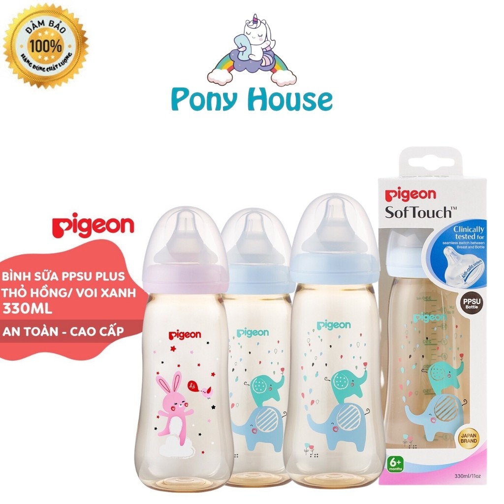 Bình Sữa Pigeon Cổ Rộng PPSU Plus Núm Siêu Mềm Voi xanh/ Thỏ hồng 330ml (L)