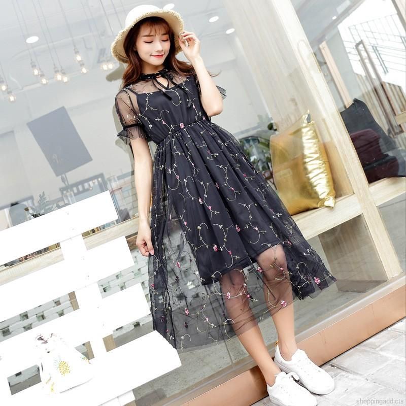 (HẾT HÀNG) Đầm midi tiểu thư voan/ren lưới thêu hoa dáng xòe Hàn Quốc nữ tính