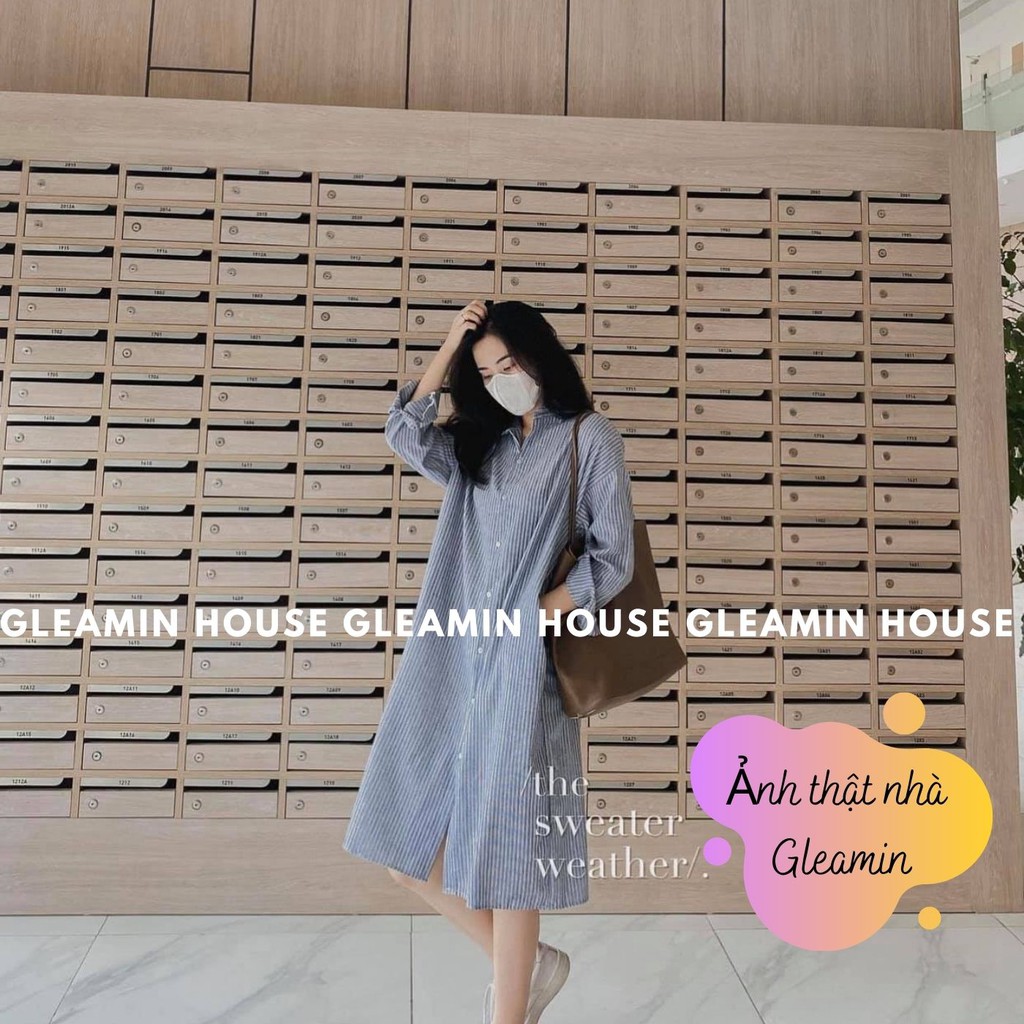 Xả Kho Váy Sơ Mi Kẻ Sọc Xanh Dài Tay Nữ - Đầm midi form rộng cài khuy