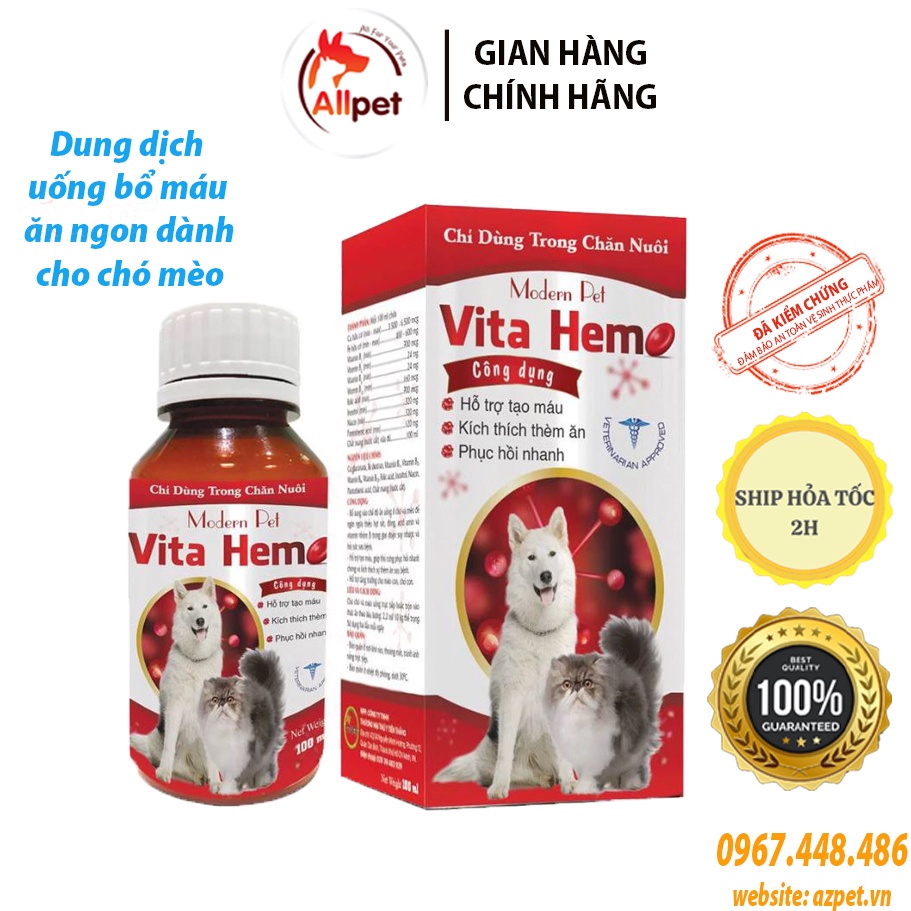 Bổ máu cho chó Modern Pet Vita Hemo. Vitamin cho chó tăng thèm ăn cho chó mèo. Vita hem Chai 100ml