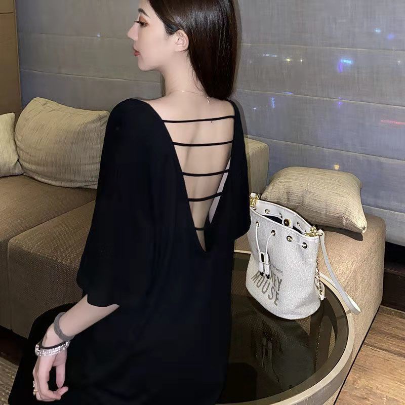 Đầm Thun Dài Qua Gối Tay Ngắn Cổ Chữ V Xẻ Tà Quyến Rũ Dành Cho Nữ