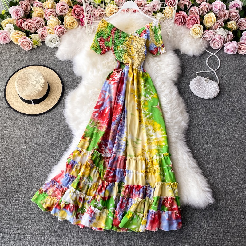 Đầm Maxi Đi Biển Váy Họa Tiết Loang Trễ Vai Độc Đáo Cho Mùa Du Lịch