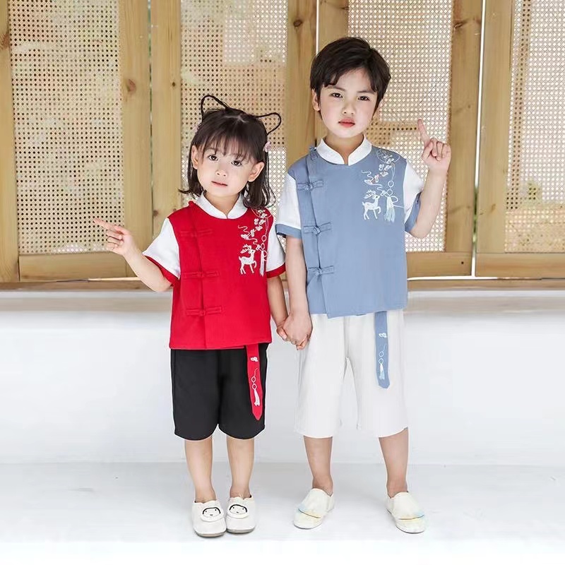 Bộ Đồ Hán Phục Tay Ngắn Phong Cách Trung Hoa Cổ Điển Mừng Năm Mới Dành Cho Trẻ Em