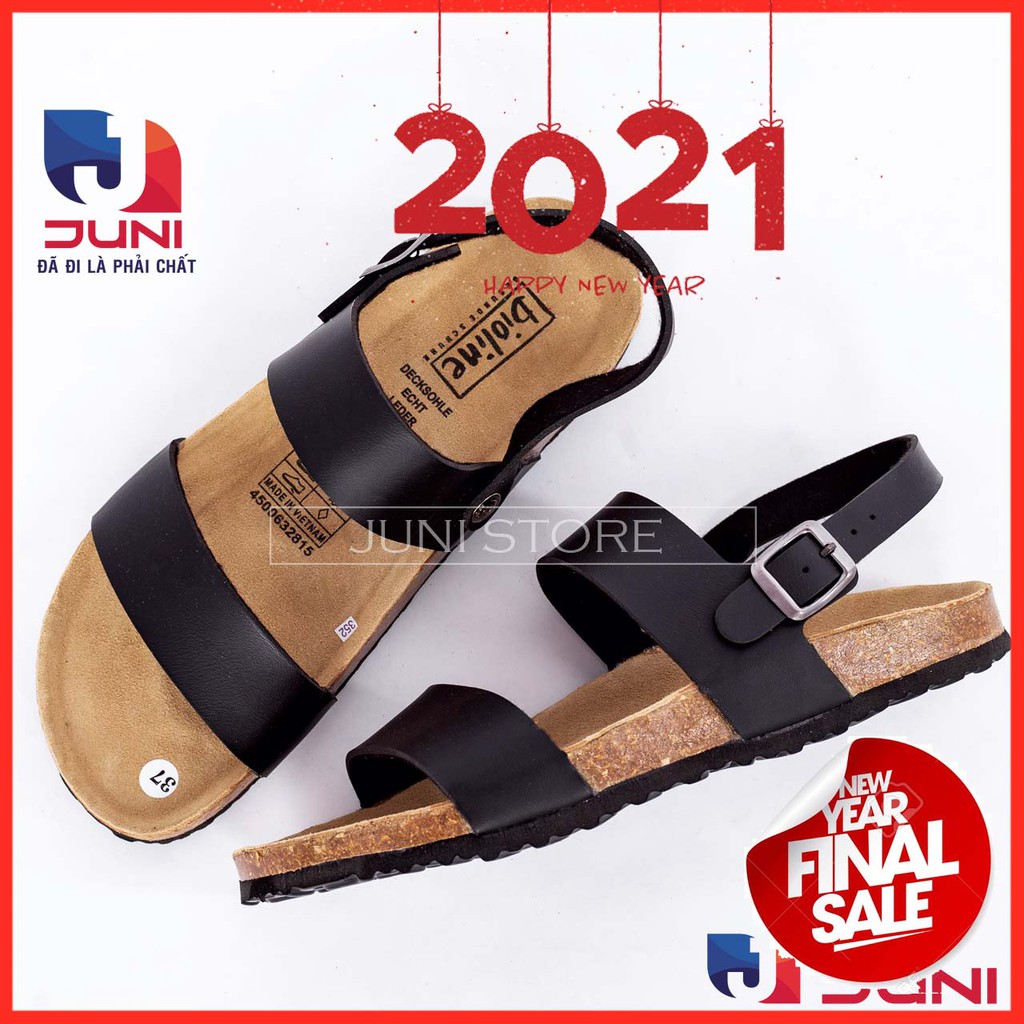 [VNXK] PU15 Đen - Dép sandal quai ngang Unisex da PU, đế trấu Bioline Birken - Xuất khẩu châu Âu - Juni Stor
