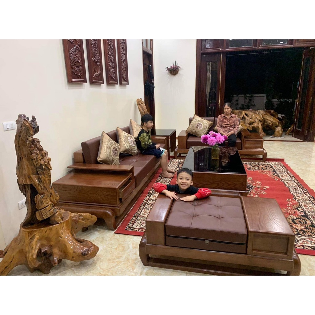 Bộ sofa gỗ Phòng khách, bộ bàn ghế gỗ sồi phòng khách  kiểu dáng chân đùi gà [Bảo hành 2 năm