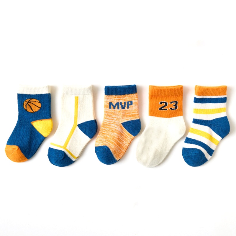 Bộ 5 Đôi Vớ Cotton Họa Tiết Hoạt Hình Chú Gấu / Gấu / Bóng Rổ Dễ Thương Cho Bé Sơ Sinh