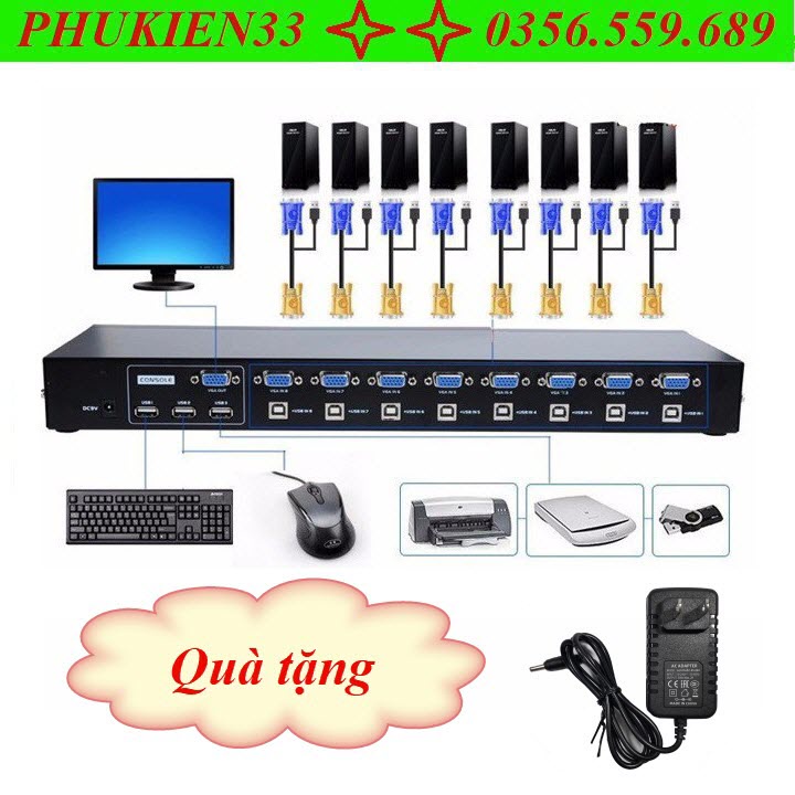 TẶNG KÈM ADAPTER NGUỒN 5V Bộ Switch KVM 8 port  KVM 1-8, 8 cây ra 1 màn hình MT-Viki, Bộ gộp 8 máy tính ra 1 màn hình