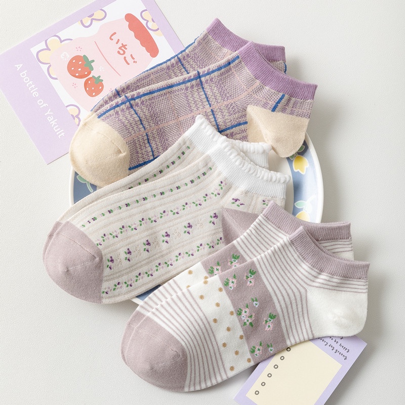 Tất cotton nguyên chất WAFNHA D450 họa tiết hoa tím mới thời trang cho nữ