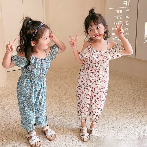 Children's Off-the-Shoulder Floral Jumpsuits Girl Holiday-style Waist-waisted Jumpsuits