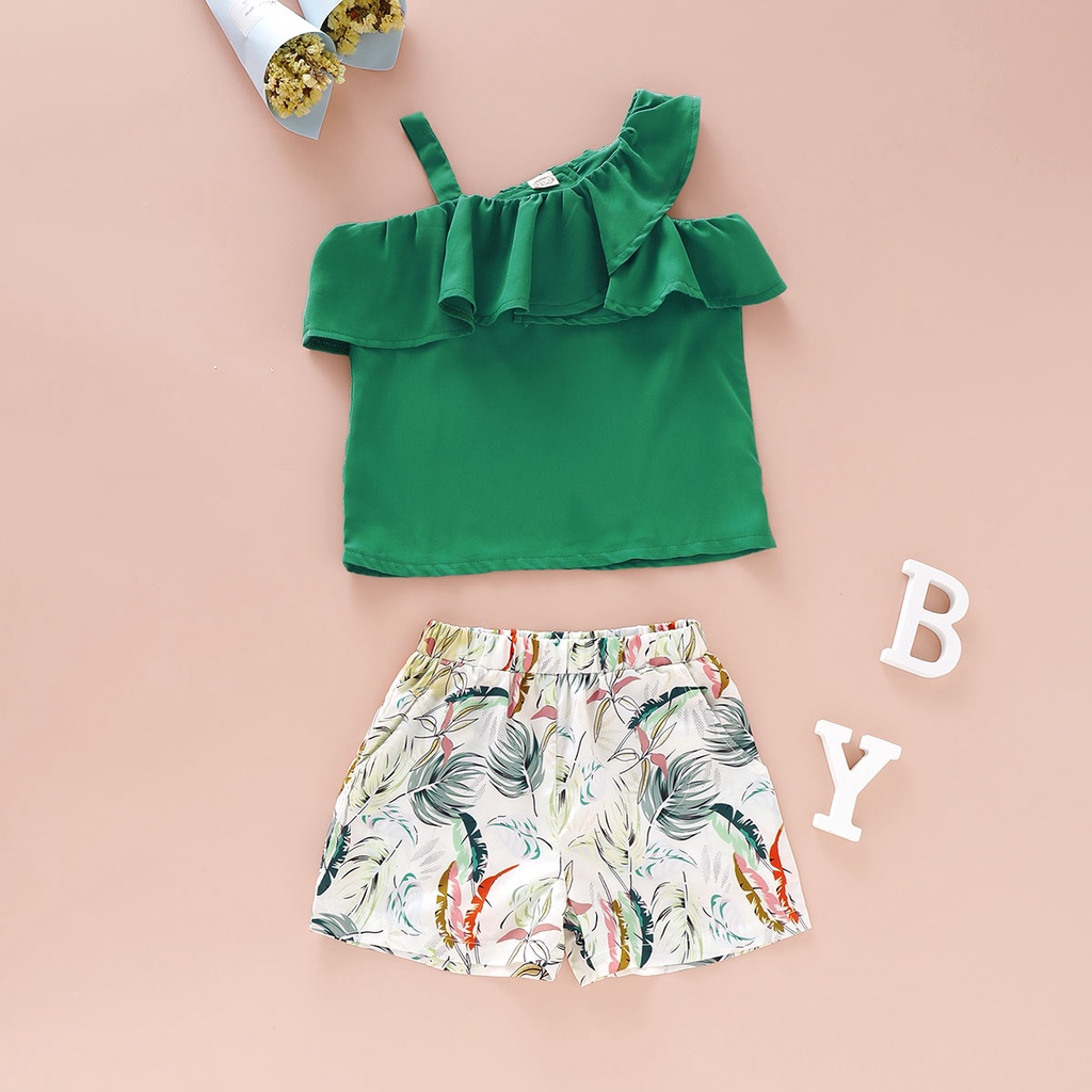 Bộ áo trễ vai phối bèo + quần short in hoa thời trang cho bé gái