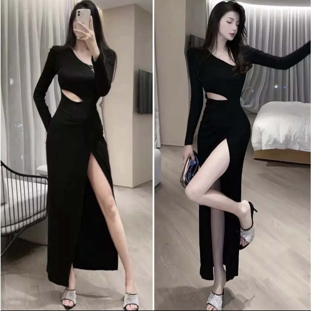 Đầm body sexy tay dài khoét eo cổ U xẻ tà trước màu đen ( Hàng Quảng Châu có sẵn- kèm ảnh thật trải sàn)