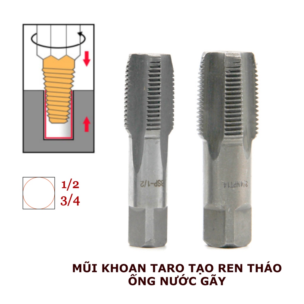 Bộ 2 chiếc mũi khoan taro tạo ren tháo ống nước gãy ngậm trong tường chuôi 1/2 và 3/4
