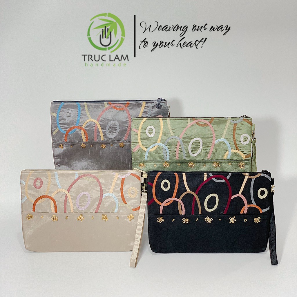 Ví Cầm Tay Đựng Ipad Clutch Thêu Móc Xích Đính Hạt Cườm Vải Tafta Cỡ To - Trúc Lâm Handmade
