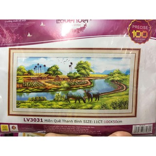 tranh thêu chữ thập phong cảnh làng quê con trâu 100*50cm