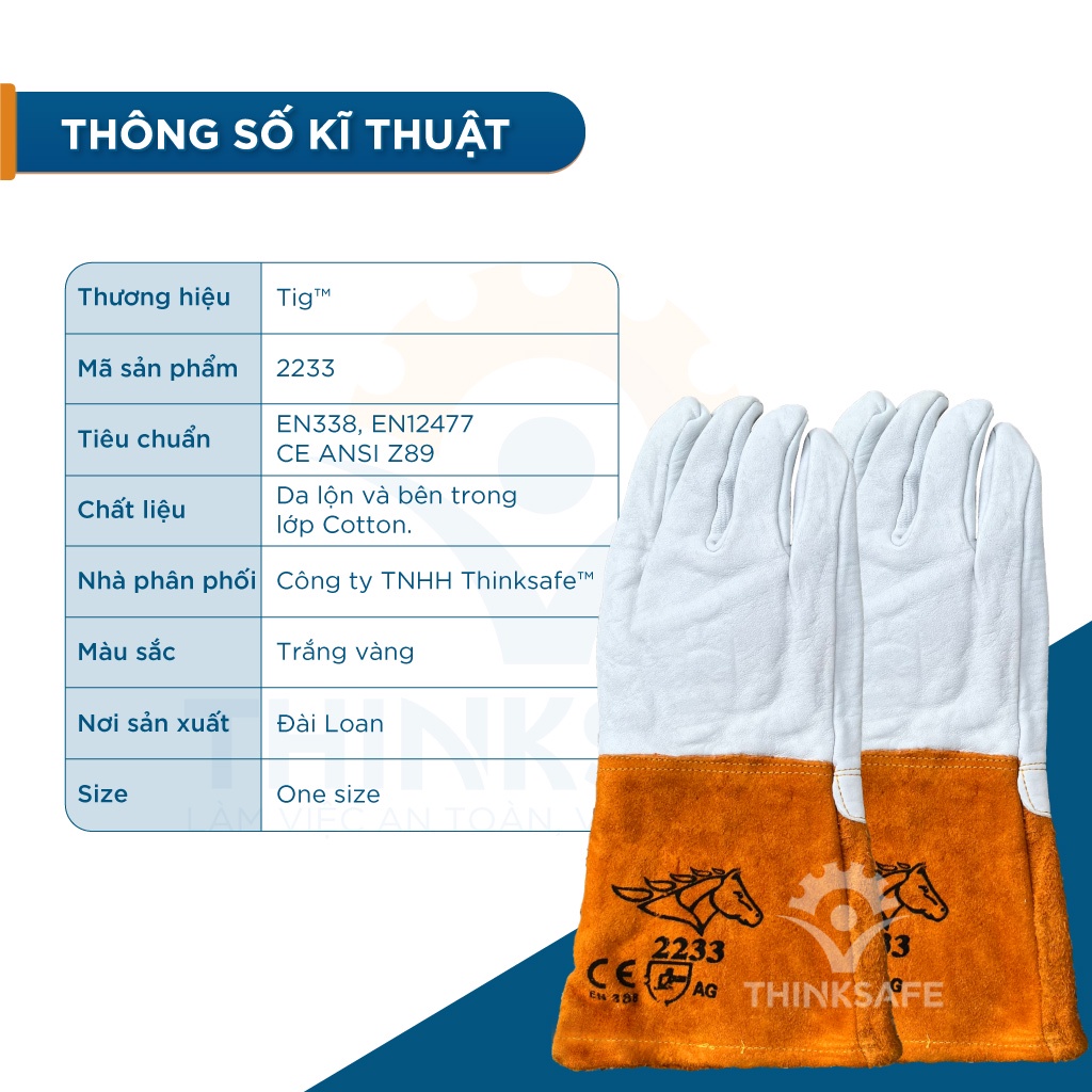 Găng tay hàn tig chịu nhiệt 2233 dài tay chống cháy, chịu nhiệt, làm bằng da bò  Bao tay hàn cắt chuyên dụng - THINKSAFE