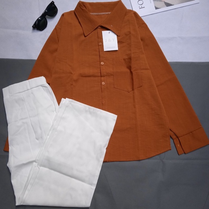 SQ004 Bộ áo sơ mi 6 màu và quần Culottes trắng, bộ áo dài tay có túi ngực mix quần suông ulzzang phong cách, cá tính