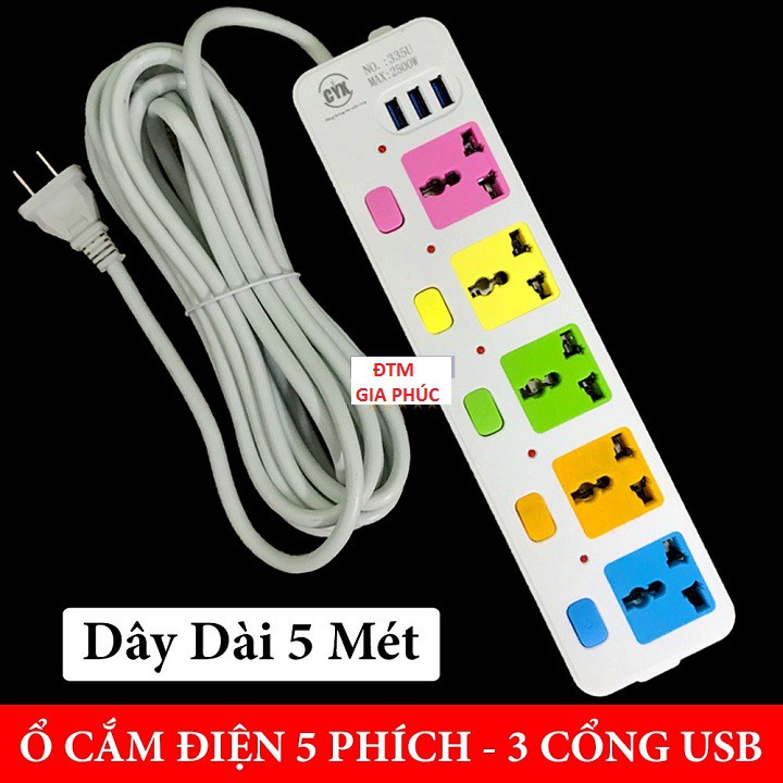 [Mới Về] Ổ Cắm Điện Đa Năng Tích Hợp 5 Ổ Điện Và 3 Cổng Sạc USB, Dây Dài 5 Mét, Phích Cắm Điện Chống Giật