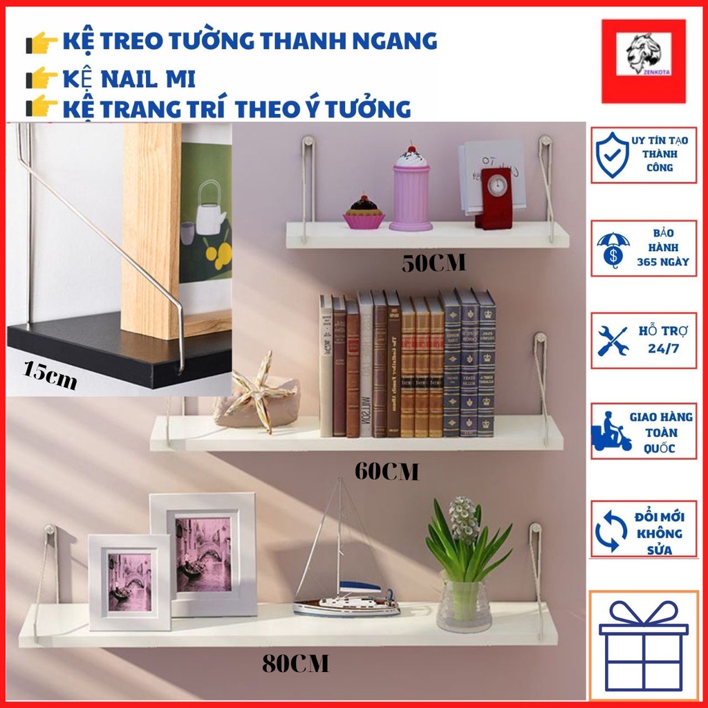 Kệ Gỗ Treo Tường, Thanh Ngang Gắn Tường Bằng Móc INOX Siêu Đẹp Không Cần Khoan Tặng Kèm Phụ Kiện ZENKOTA