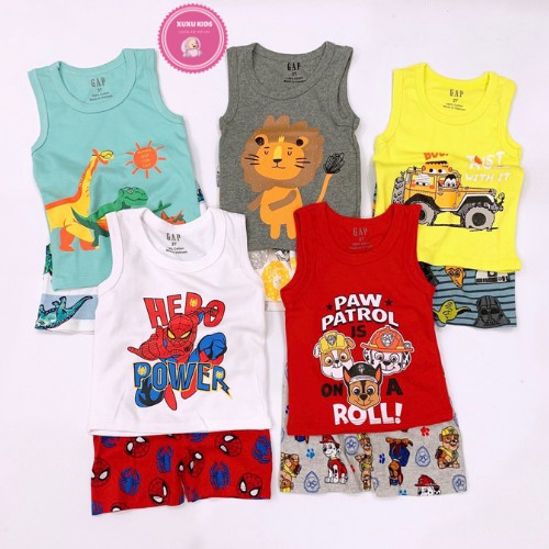 Quần áo trẻ em, bộ ba lỗ GAP cho bé trai họa tiết siêu nhân, người nhện, chó cứu hộ Xu Xu Kids size từ 8-22kg