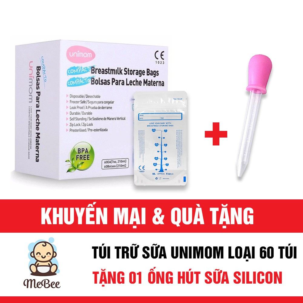 [Quà tặng] Túi trữ sữa Unimom (Hộp 60 túi 210ml) Tặng 1 ống bón sữa silicon mềm