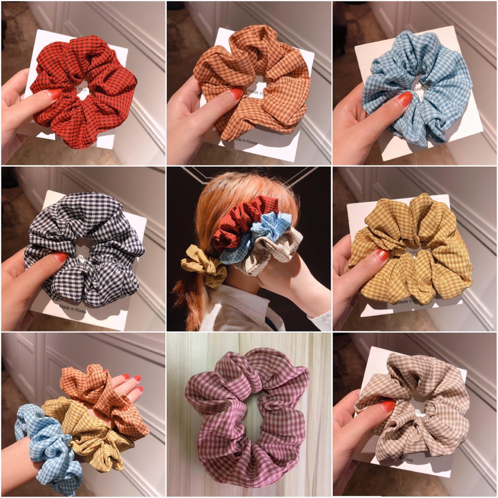 cột tóc vải scrunchies buộc tóc vải họa tiết kẻ caro nhỏ loại đẹp hot trend PK23