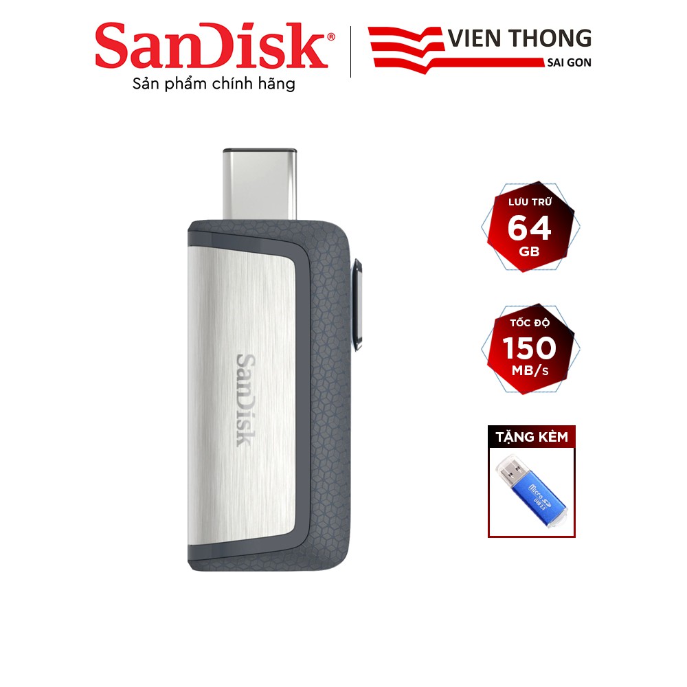 USB OTG 3.1 Gen 1 SanDisk SDDDC2 Ultra 64GB Dual Drive USB Type-C upto 150MB/s tặng đầu đọc thẻ nhớ