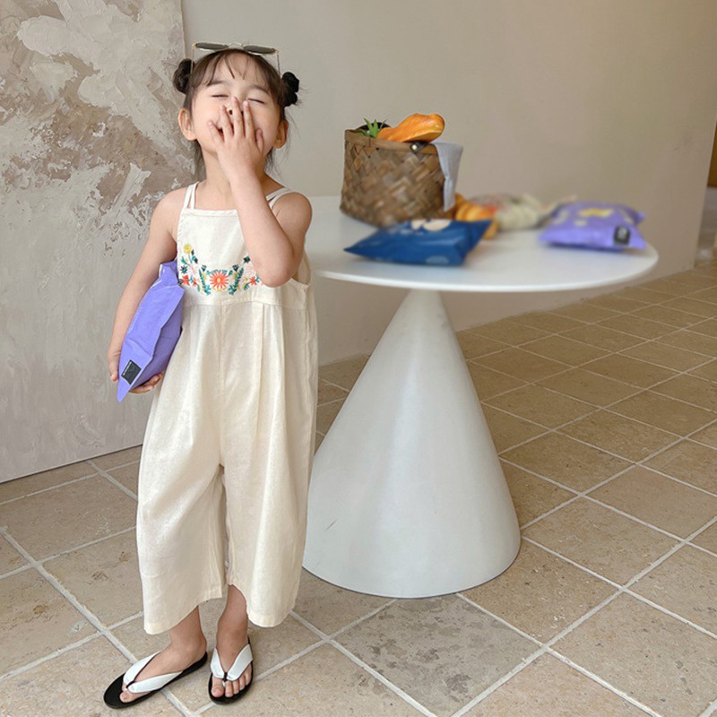 Jumpsuit Hai Dây Thêu Họa Tiết Phong Cách Hàn Quốc Cho Bé Gái