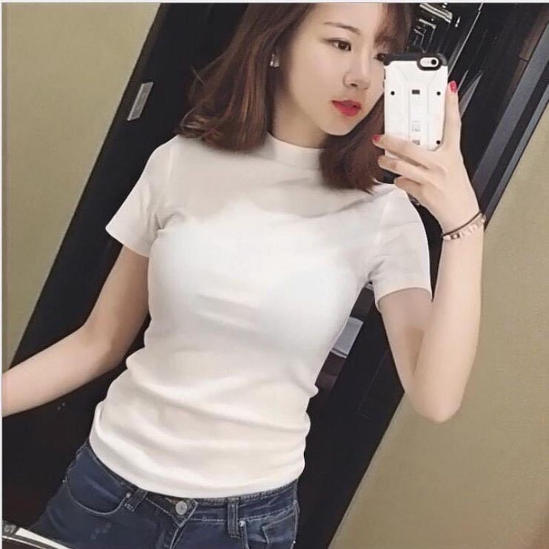 Áo Thun Nữ Cổ Lọ Tay Ngắn Chất Cotton Co Giãn Ôm Dáng Nhiều Màu Sắc Thiết Kế Cổ Cao