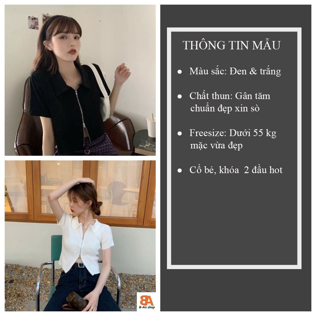 Áo polo croptop nữ ôm body khóa Ulzzang 2 màu trắng đen chất thun gân - VIETCEN