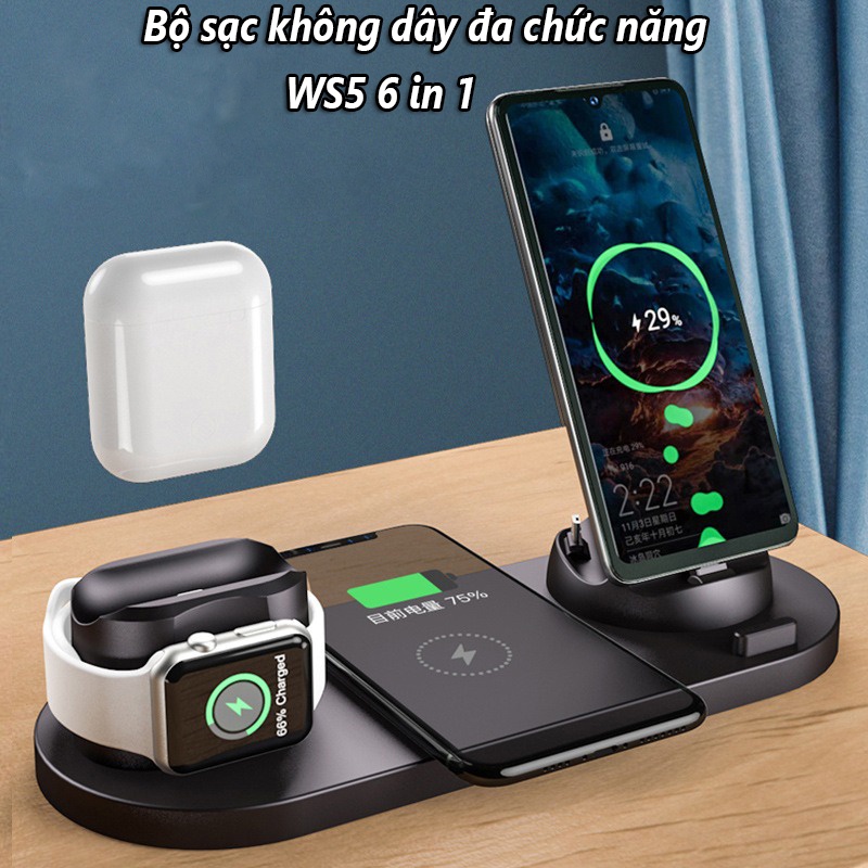 Bộ Sạc Không Dây Đa Chức Năng WS5 6 IN 1 - Sạc Nhanh, Đa Cổng, Tiện Lợi Khi Di Chuyển, An Toàn, Bảo Hành Uy Tín