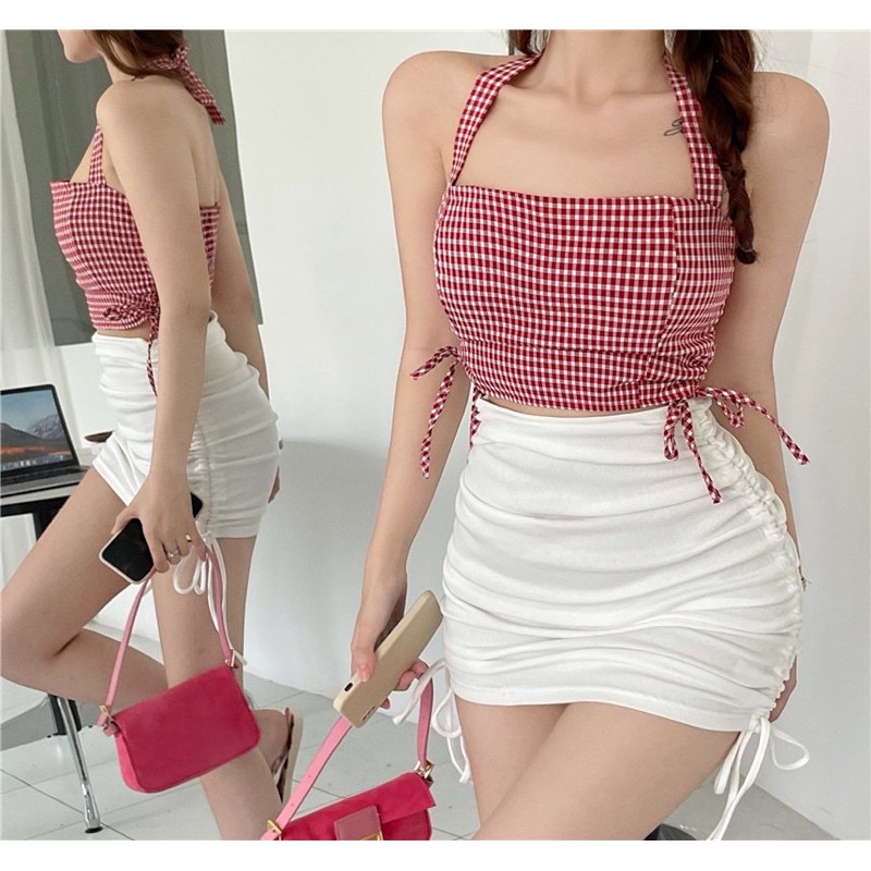 [Có sẵn+ảnh thật] Áo croptop caro thắt nơ cổ rút dây hai bên hông mẫu summer 2021