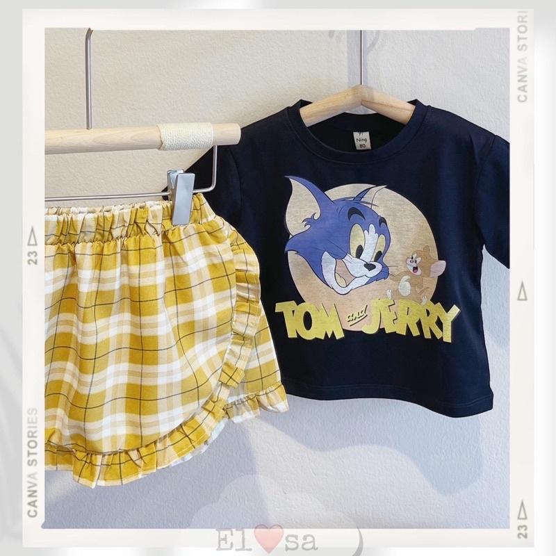 Set áo cotton hình mèo Tom kèm chân váy thô cho bé gái (08 - 18kg) - Tiệm Nhà Su