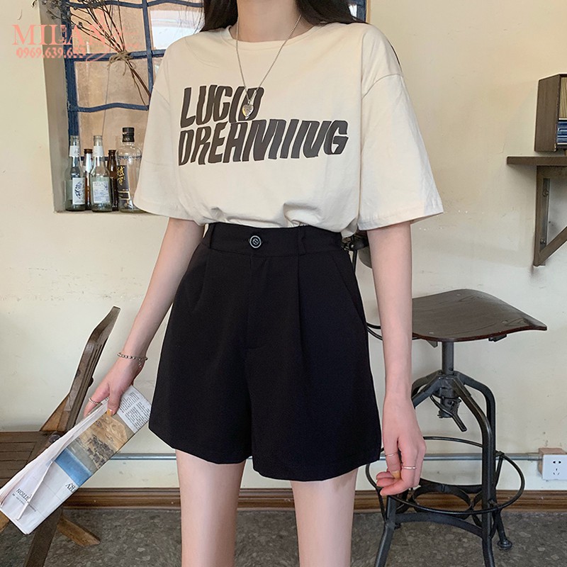 Quần short đen nữ trơn ôm mông ống rộng lưng cao - Quần đùi vải đen dày có túi khóa kéo mặc ở nhà đi biển ngủ chạy đi bộ