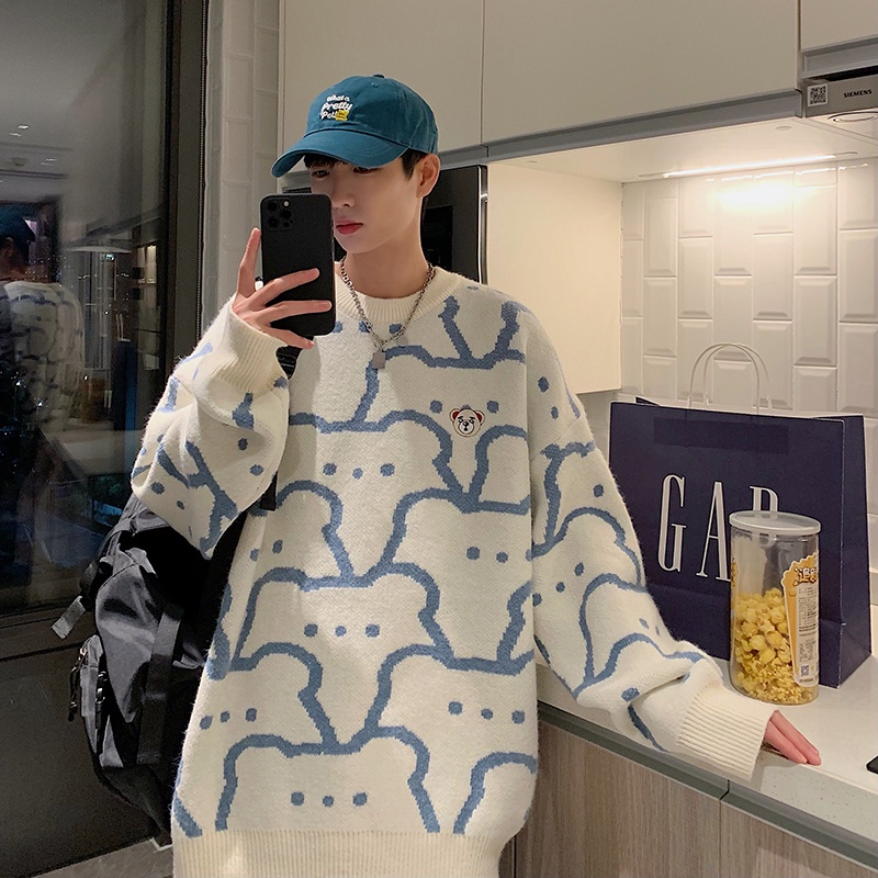 Áo sweater dáng rộng in hoạt hình gấu phong cách Hàn Quốc thời trang thu đông cho các cặp đôi