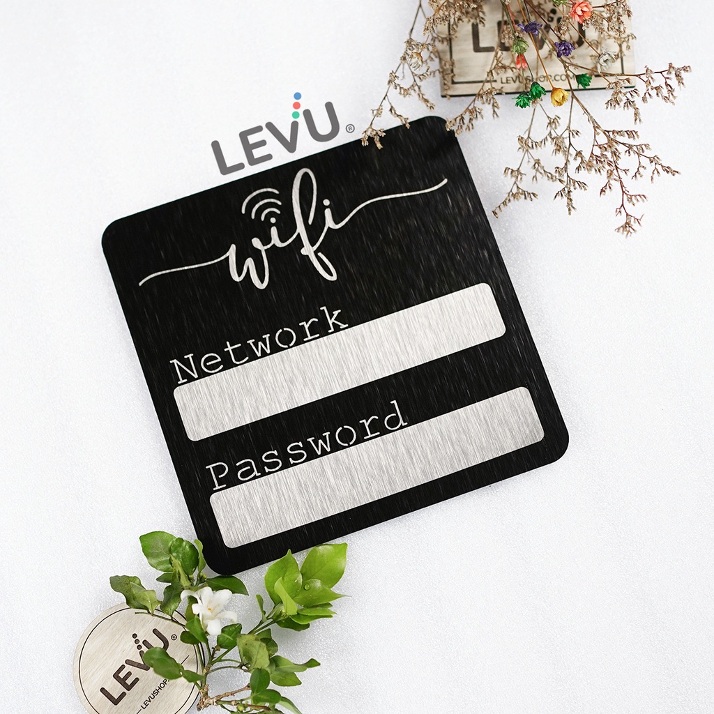 Bảng tên wifi nhôm aluminium đen décor LEVU-ALU13 dán tường trang trí quán