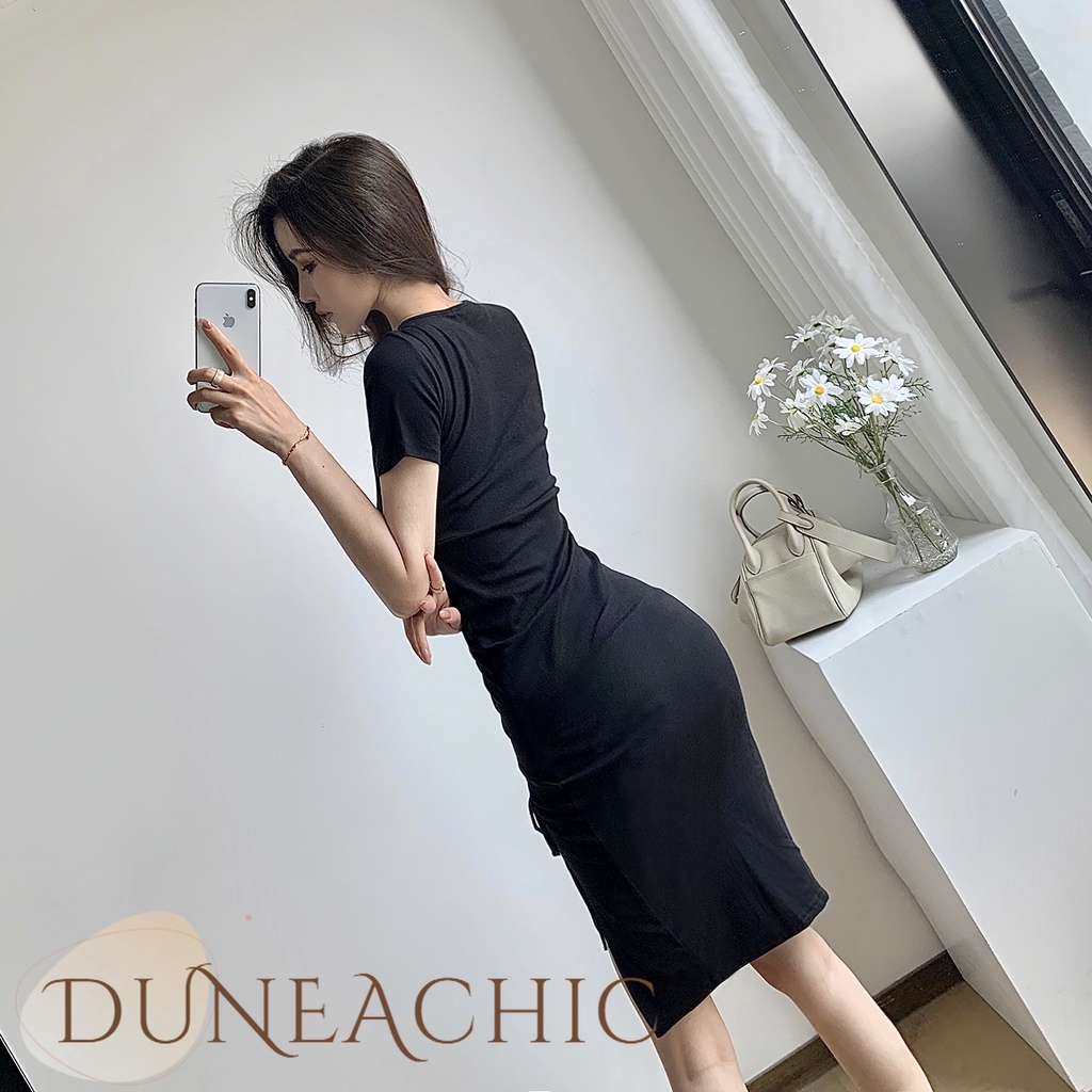 DUNEA Đầm cổ tròn tay ngắn phối dây rút gợi cảm quyến rũ cho nữ