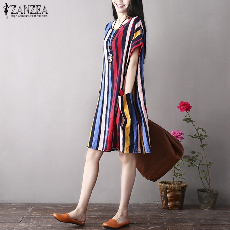 Đầm midi ZANZEA dáng rộng họa tiết kẻ sọc nhiều màu sắc cho nữ | BigBuy360 - bigbuy360.vn