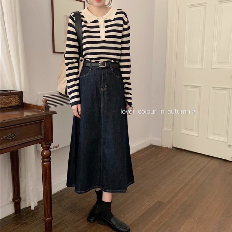 Bộ Áo Sơ Mi Kẻ Sọc + Chân Váy Denim Dài Lưng Cao Xinh Xắn Theo Phong Cách Retro Hàn Quốc | BigBuy360 - bigbuy360.vn