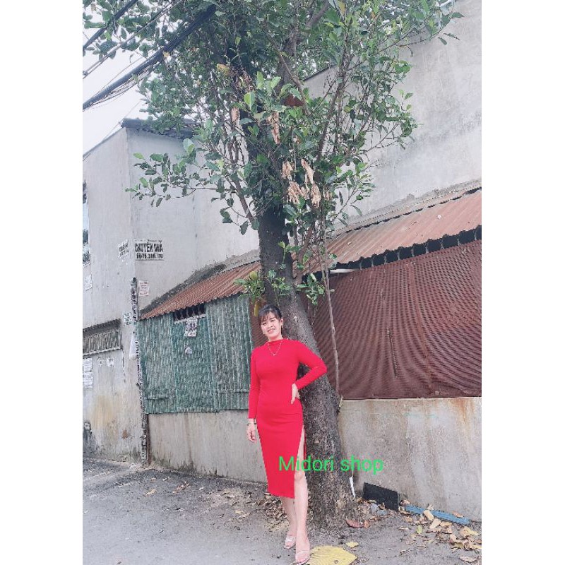 Đầm body nữ xẻ đùi cổ tròn dài tay form dài chất thun dày dặn co giãn, váy ôm cổ kín body nữ xinh MIDORI247