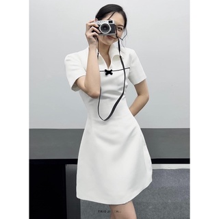 Đầm tafta trắng phối nơ đen MãVĐ012