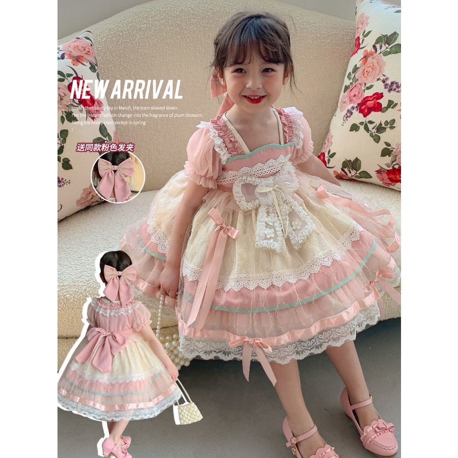 🌸FOOFOO🌸 lolita váy màu hồng Đầm Lolita Phối Ren Lưới Thắt Nơ Phong Cách Phương Tây Thời Trang Mùa Hè lolita Cho Bé Gái