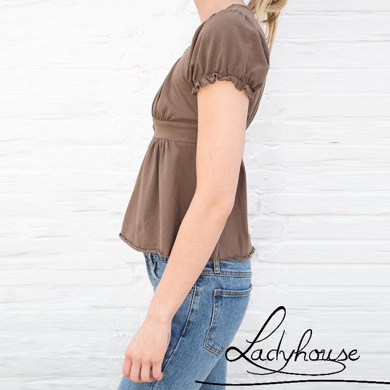 LD-Women´s Tops, V Neck Short Sleeve Fungus Trim Solid Color Loose Casual Pullover T-Shirt Summer