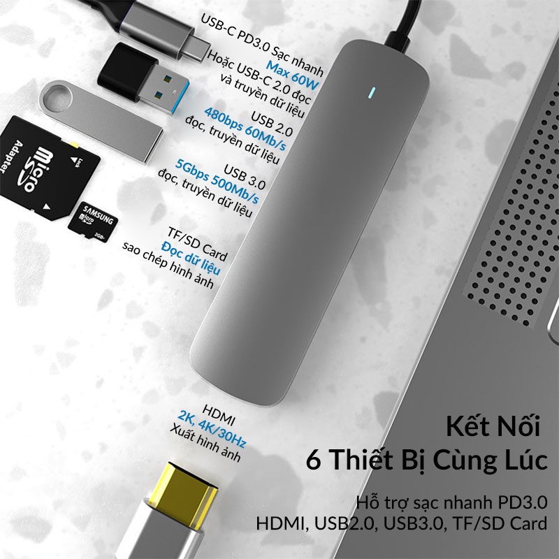 Bộ Hub Chuyển Đổi 6 in 1 Retro Type C Dùng Cho Macbook, iPad, Samsung, Xiaomi, Xuất Hình Ảnh 4K/30Hz, TF/SD Card