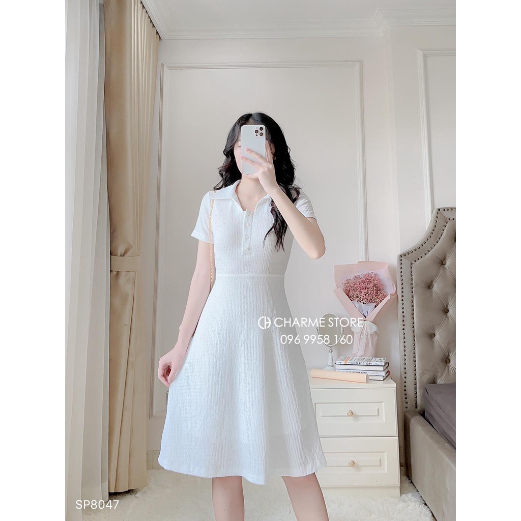Váy nữ dáng chữ A dài trơn tay ngắn phối cổ sơ mi thiết kế Charme 8047 | BigBuy360 - bigbuy360.vn