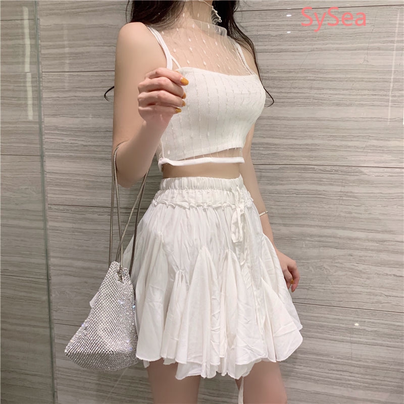 Two Piece Women's Camisole +Mesh Vest Black Sexy Croptop Summer Out Wear