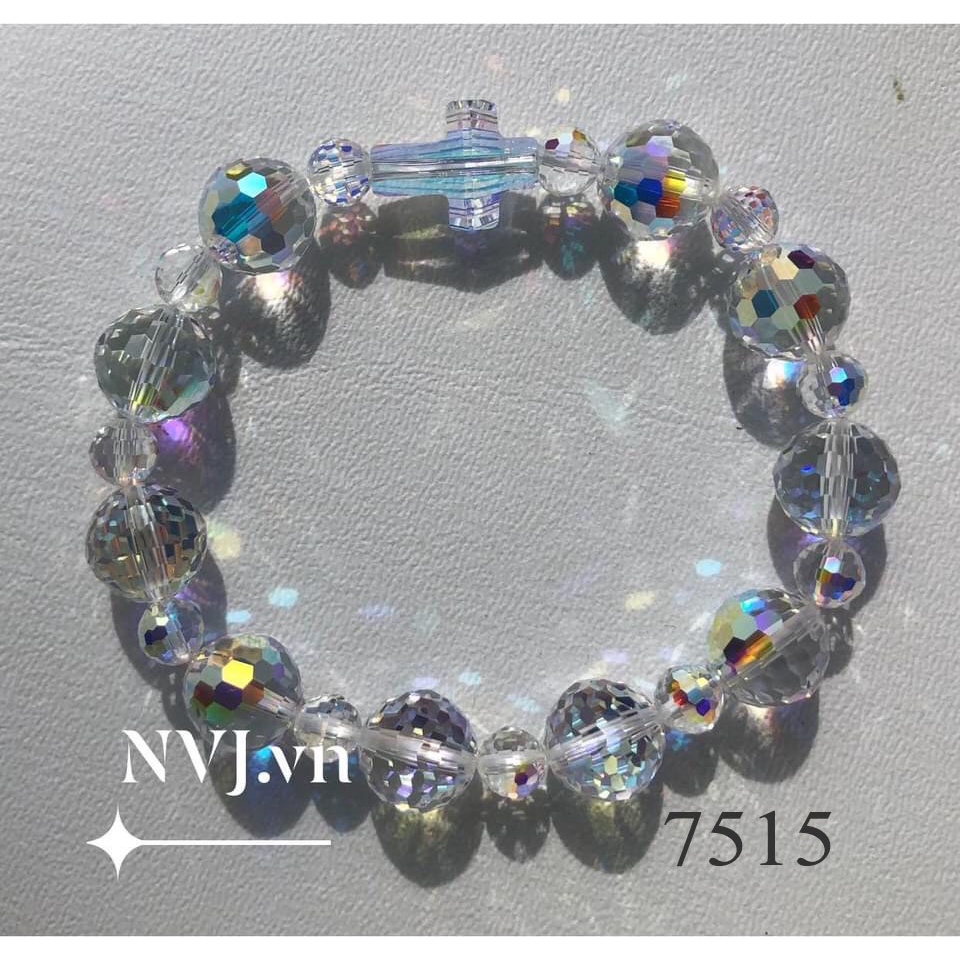 Vòng tay mân côi hạt tròn nhuyễn 10ly Swarovski disco ball 5003, thánh giá pha lê Áo 5378